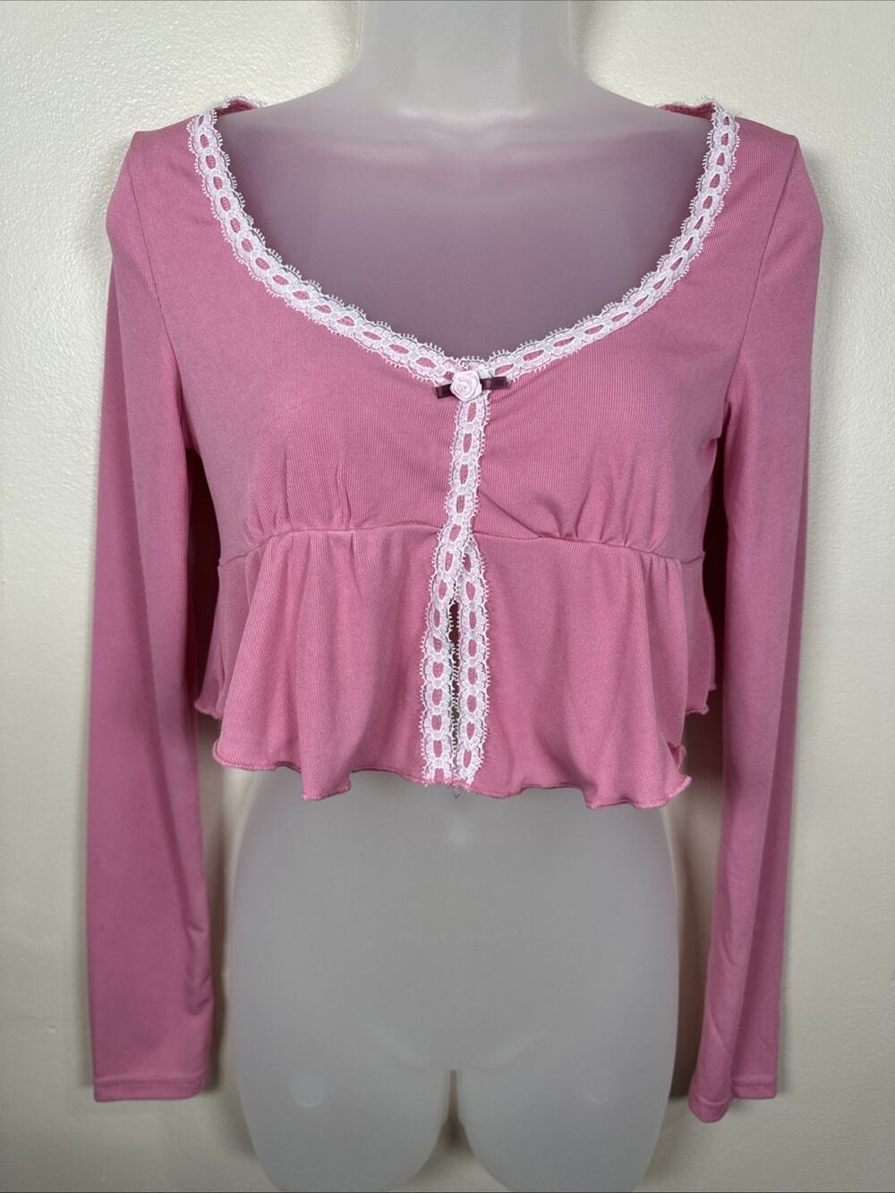 Unbranded Womens Crop Top Babydoll Lace Rib Knit Pink Coquette Fairy Romantic L